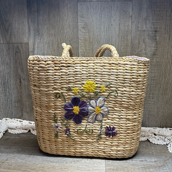 Xhilaration Corn Husk Lavender Lined Tote Bag Light  Purple Yellow Flowers - Picture 4 of 16